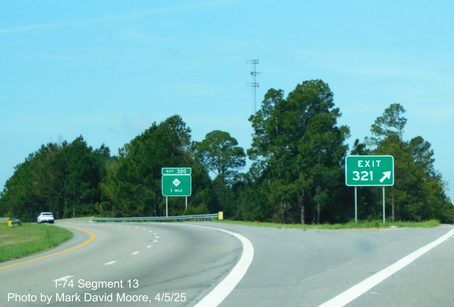 Image of 1 mile advance sign for NC 381 exit on I-74/US 74 West in Hamlet,
	  by Mark David Moore, April 2025