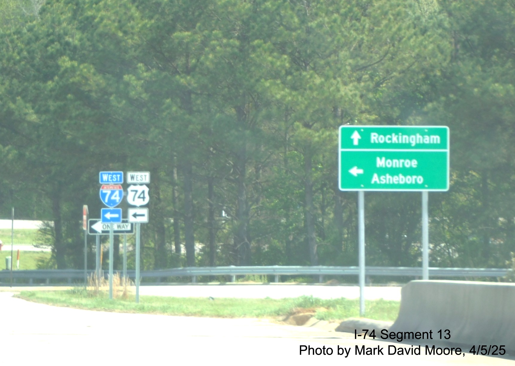 Image of new destination sign on US 1 North at ramp to I-74/US 74 West in
		Rockingham by Mark David Moore, April 2025