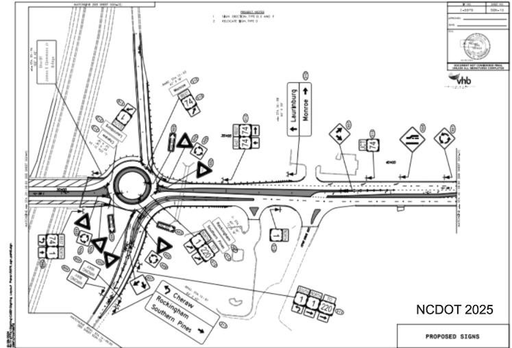 NCDOT plan for revised US 1 interchange with I-74/US 74 in Rockingham, to be 
	let	in May 2025