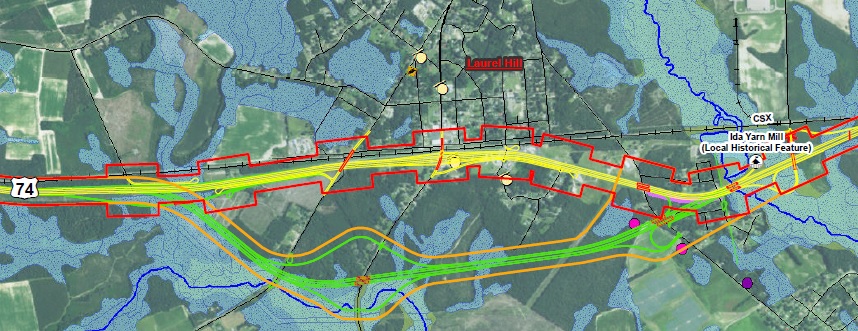 Map of I-74 route alternatives at Laurel Hill fromUS 74 Upgrade Feasibility Study of Oct. 2017, by NCDOT