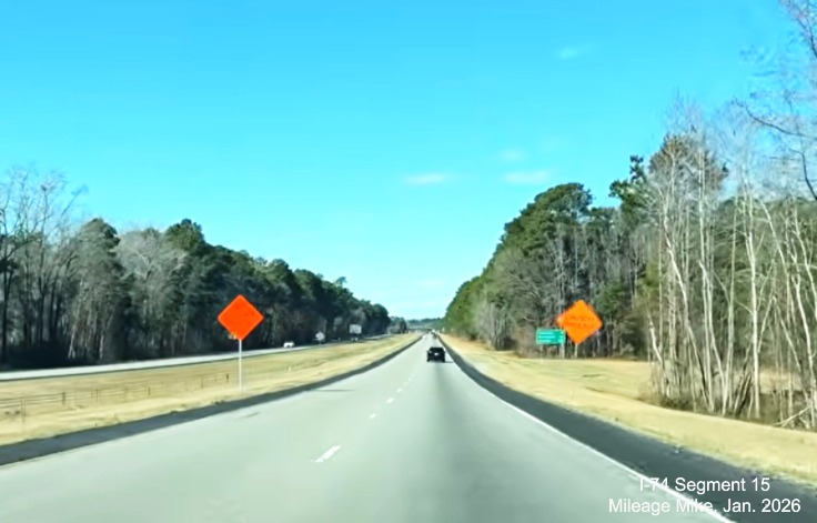 Image of newly paved shoulders on both sides of US 74 (Future I-74) West in 
	  Maxton, screen grab from Mileage Mike video, January 2026