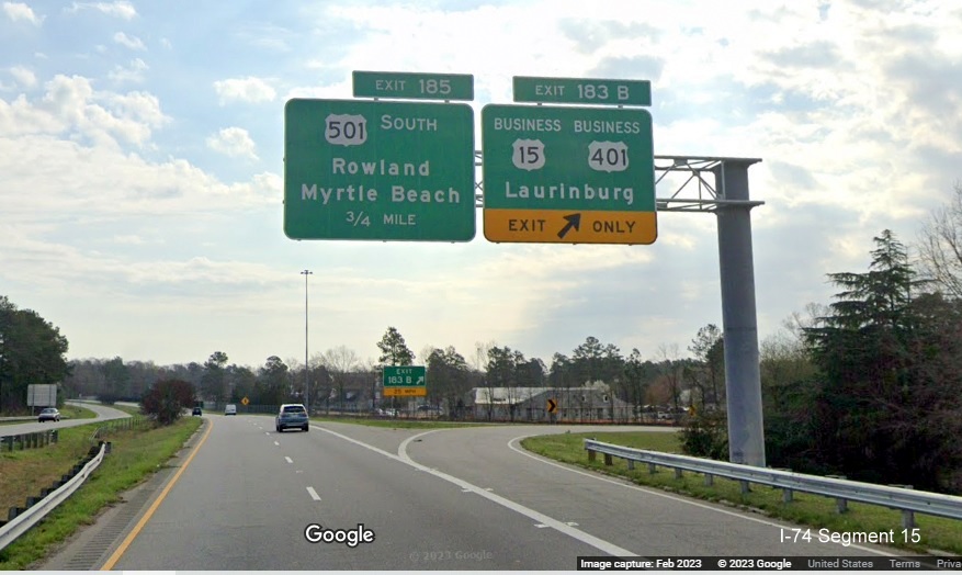 Image of new overhead signage at ramp for Business US 15/401 exit on US 74 (Future I-74) East 
        in Laurinburg, Google Maps Street View, February 2023