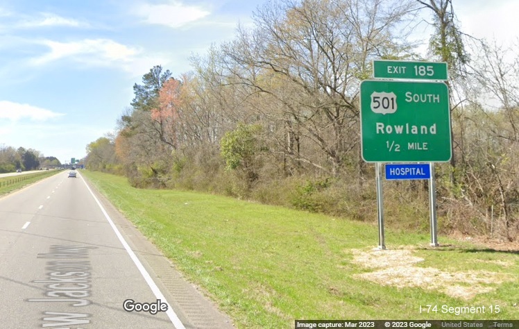Image of new ground mounted 1/2 mile advance sign for US 501 South exit on US 74 (Future I-74) West 
        in Laurinburg, Google Maps Street View, March 2023