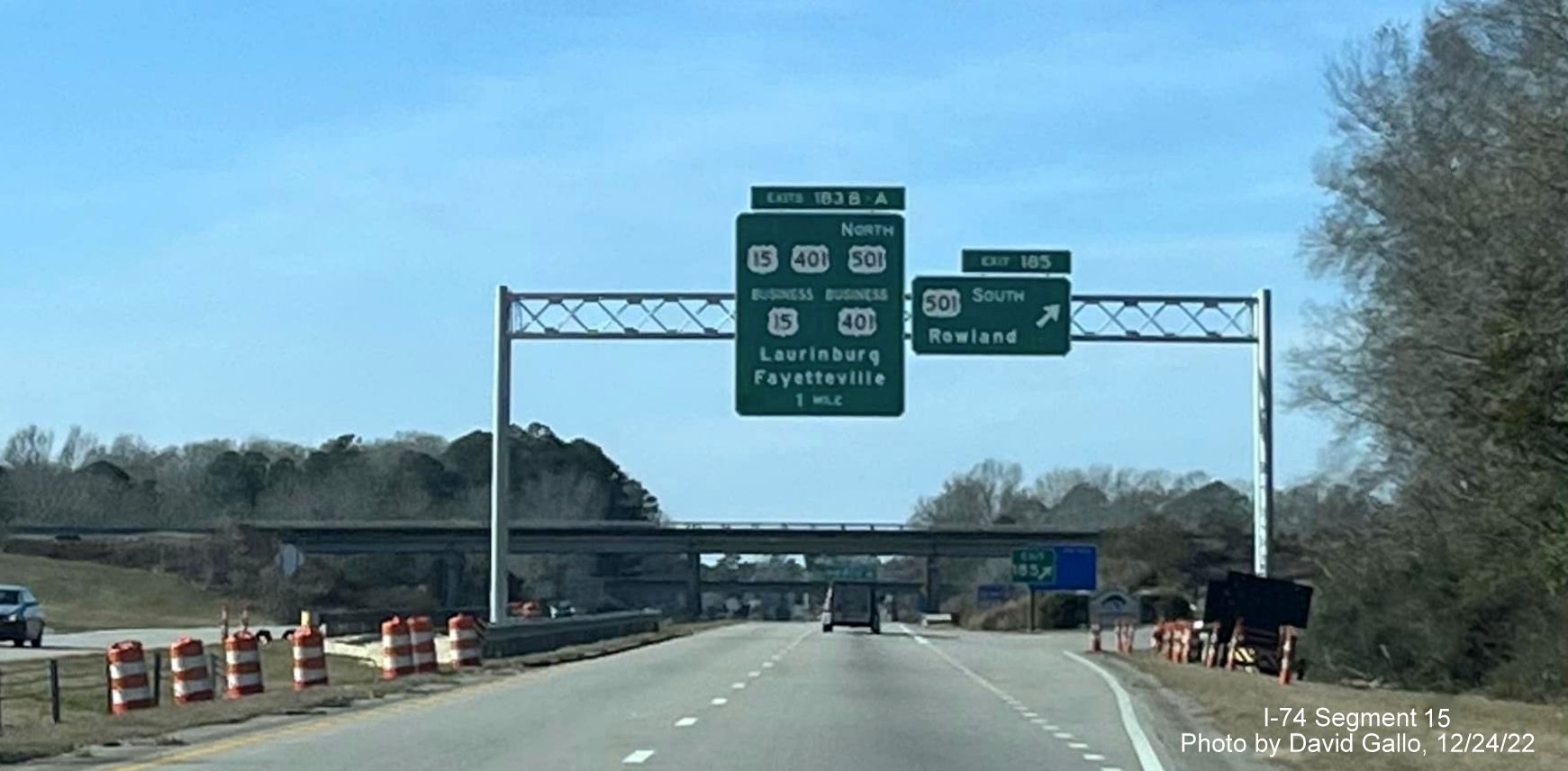 Image of new overhead sign for US 15/US 501 North/US 15 exit on US 74 (Future I-74) West in 
                                                Laurinburg, photo by David Gallo, December 2022