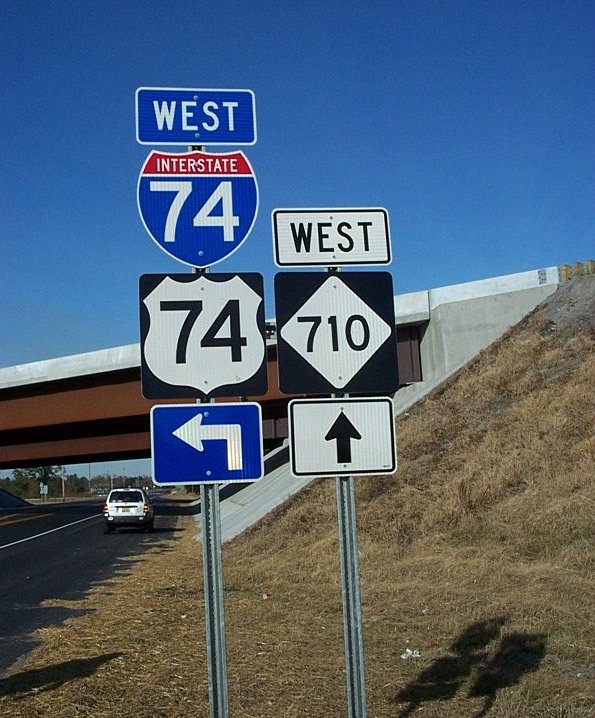 Photo of signage for NC 710 Exit on I-74/US 74 near Pembroke in Nov. 
2007