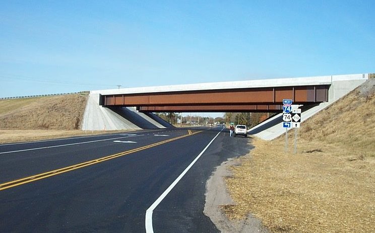 Photo of the bridge and newly opened interchange of I-74/US 74 with NC 
710 near Pembroke, Nov. 2007