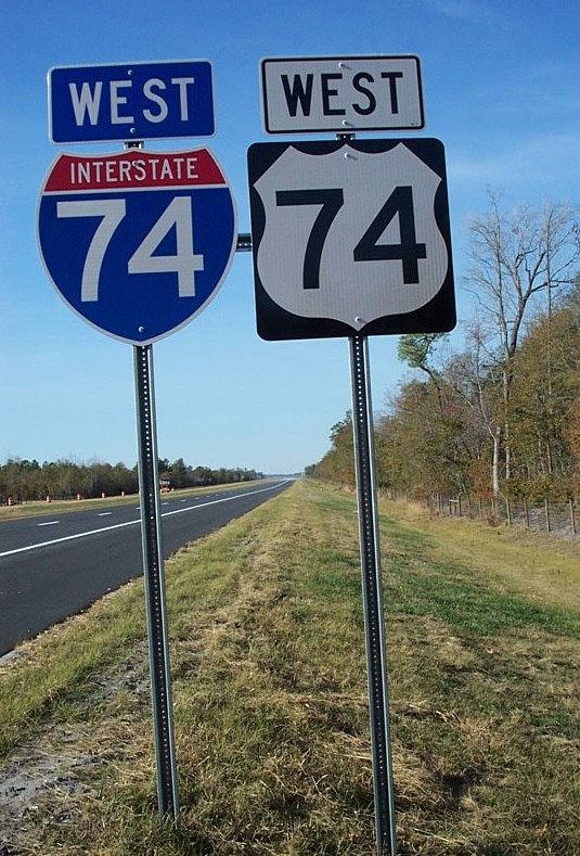 Closeup photo of unique I-74/US 74 sign after NC 710 exit near Pembroke, 
Nov. 2007