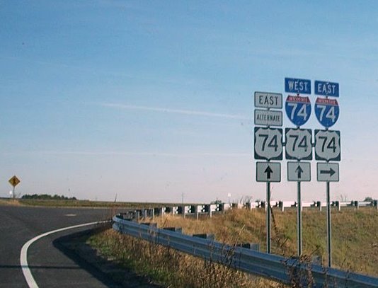 Exit signage at the end of Business US 74 at I-74/US 74 at the end of the 
Maxton Bypass in Dec. 2007