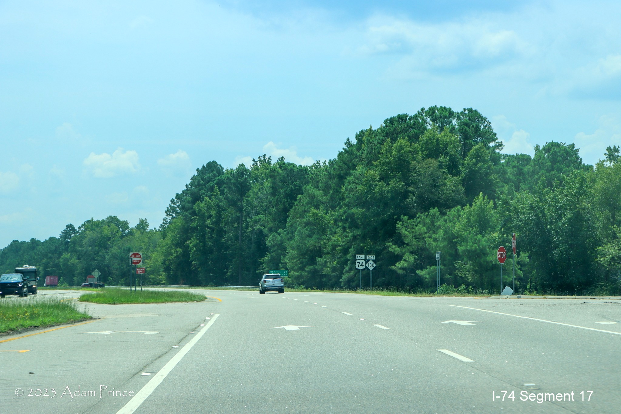Image approaching the NC 130 intersection on US 74 East in the NC 72/NC 130 interchange construction zone, 
        Adam Prince, July 2023