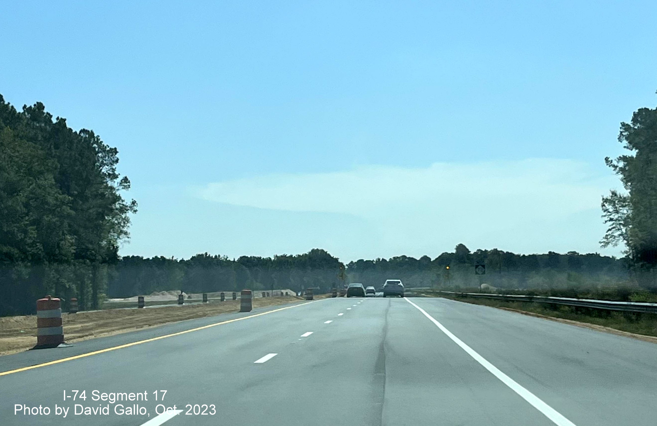 Image approaching now reopened NC 72 intersection on US 74 East near Boardman in interchange 
       construction area, by David Gallo, October 2023