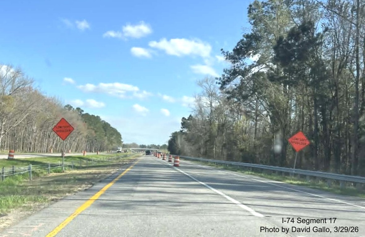 Image approaching future NC 72/ 130 West interchange on US 74 (Future I-74) East in
Robeson County, by David Gallo, March 2026
