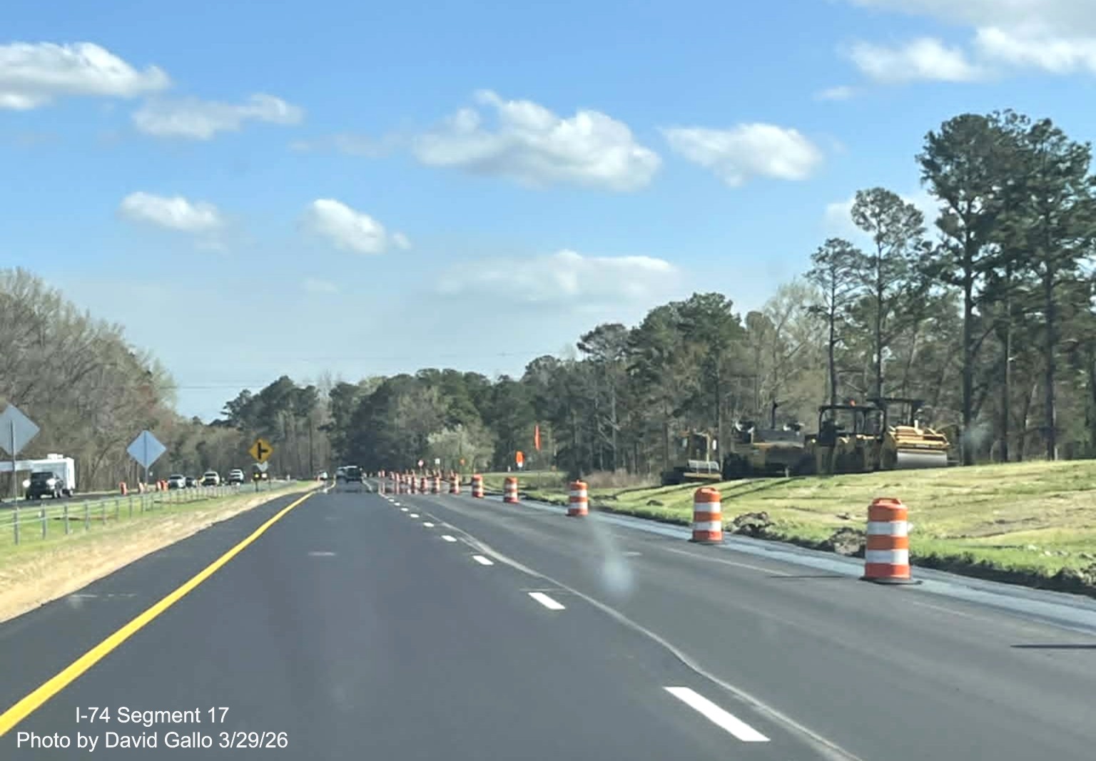Image approaching the current 130 West intersection from US 74 (Future I-74) East
in Robeson County showing paving equipment sitting on the unopened ramp. By David Gallo, March 2026