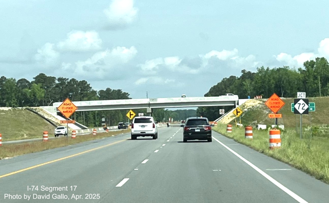Image approaching future NC 72/130 interchange bridge on US 74 (Future I-74) West in 
	  Robeson County, by David Gallo, April 2025