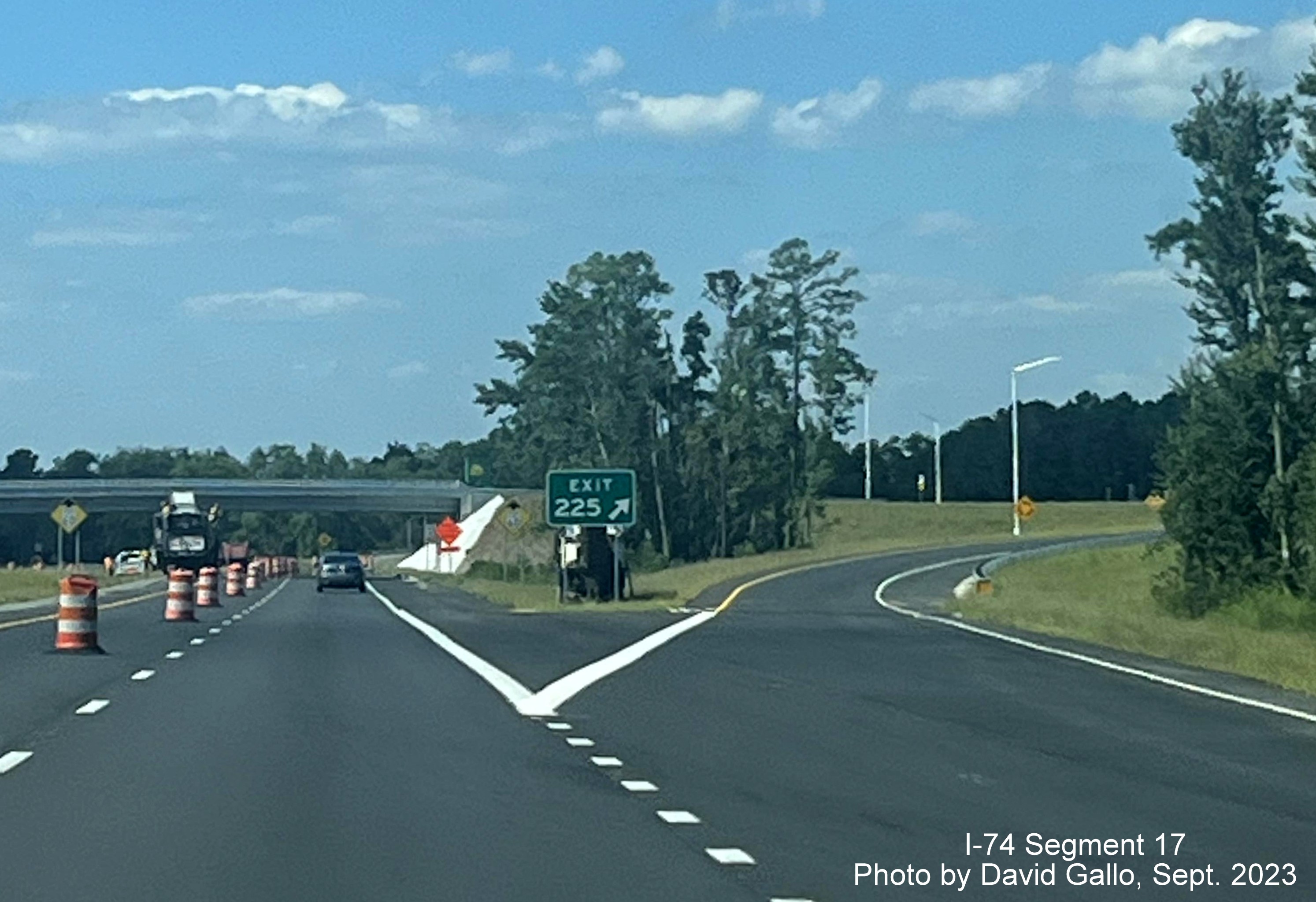 Image approaching newly opened ramp for Boardman exit and new gore sign on US 74/NC 130 (Future I-74) West, 
       David Gallo, September 2023