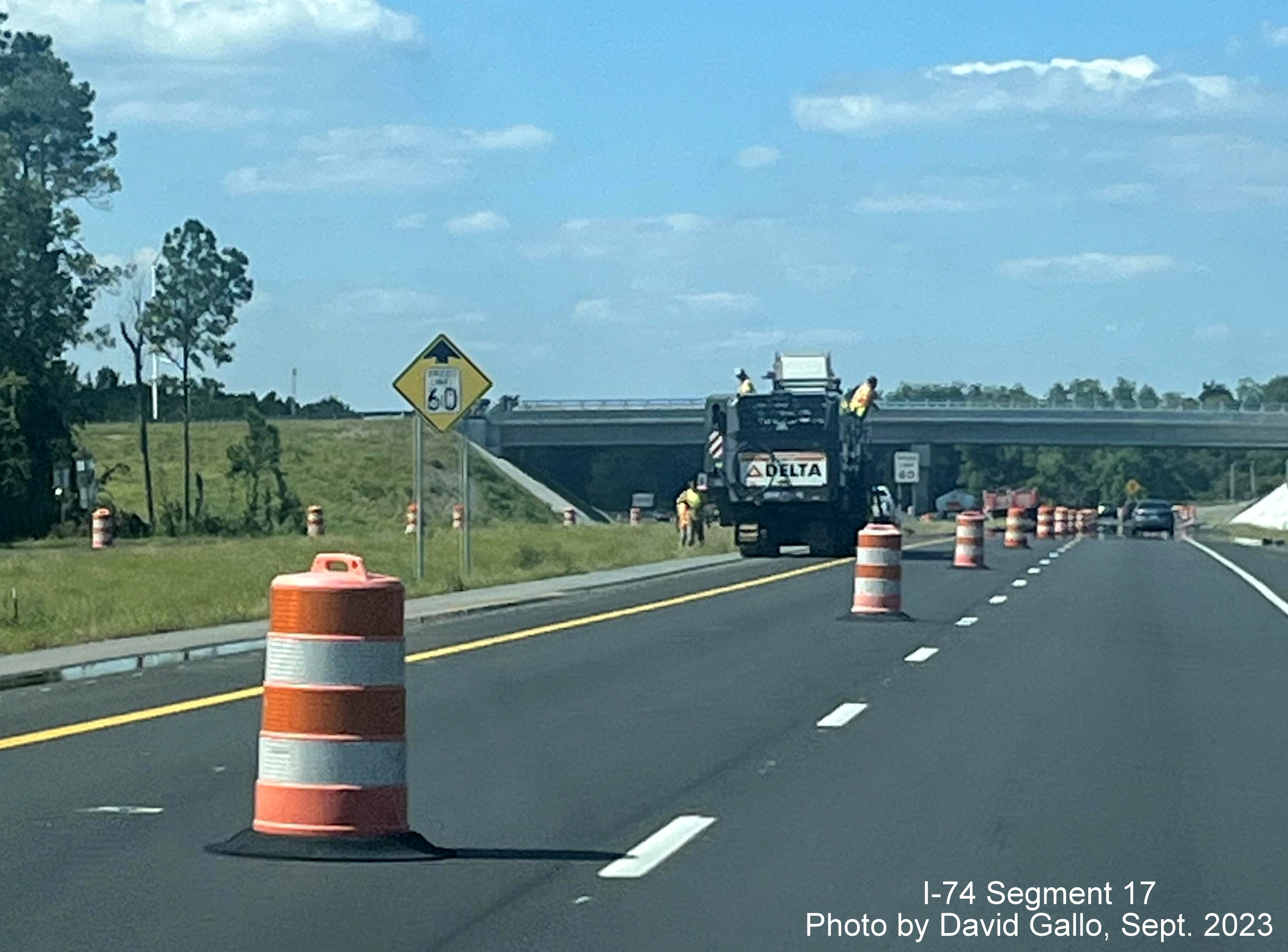 Image of new reduced speed limit sign at Boardman exit on US 74/NC 130 (Future I-74) West, 
       David Gallo, September 2023