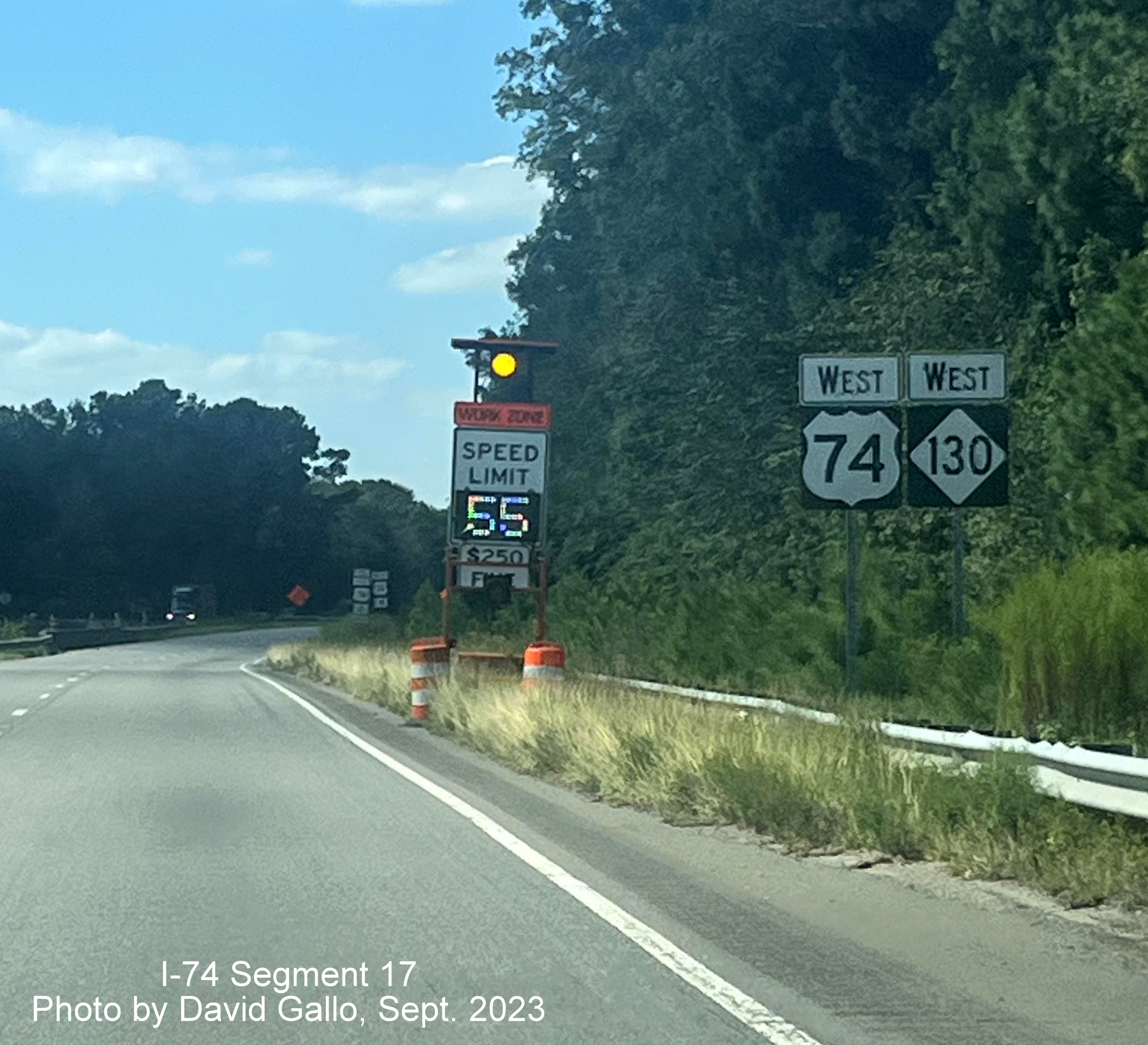 Image of newly placed West US 74/NC 130 reassurance markers after Boardman exit approaching the
        Lumber River bridges, David Gallo, September 2023