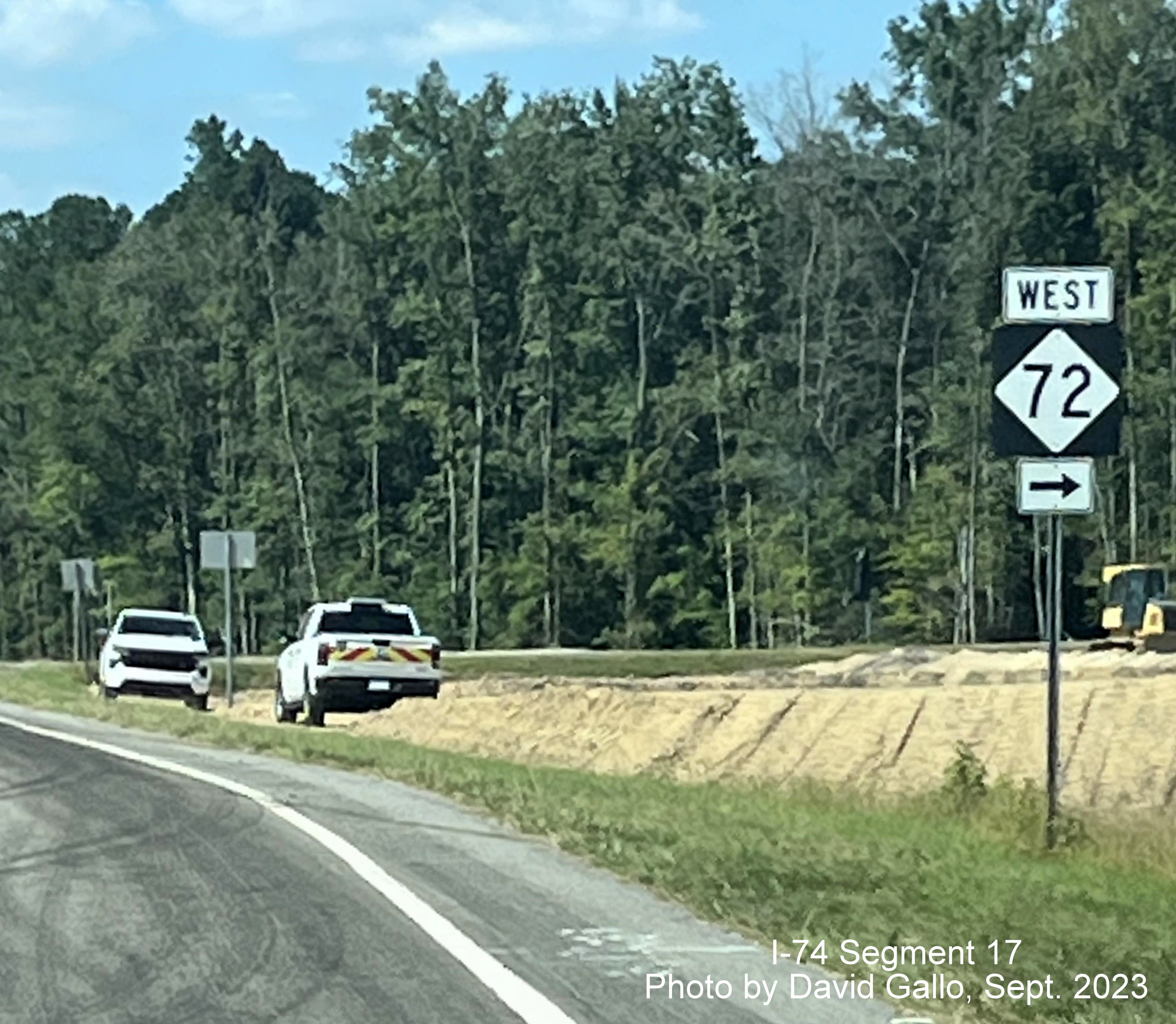 Image approaching NC 72 West intersection in future interchange work zone on US 74 (Future I-74) West, 
       David Gallo, September 2023