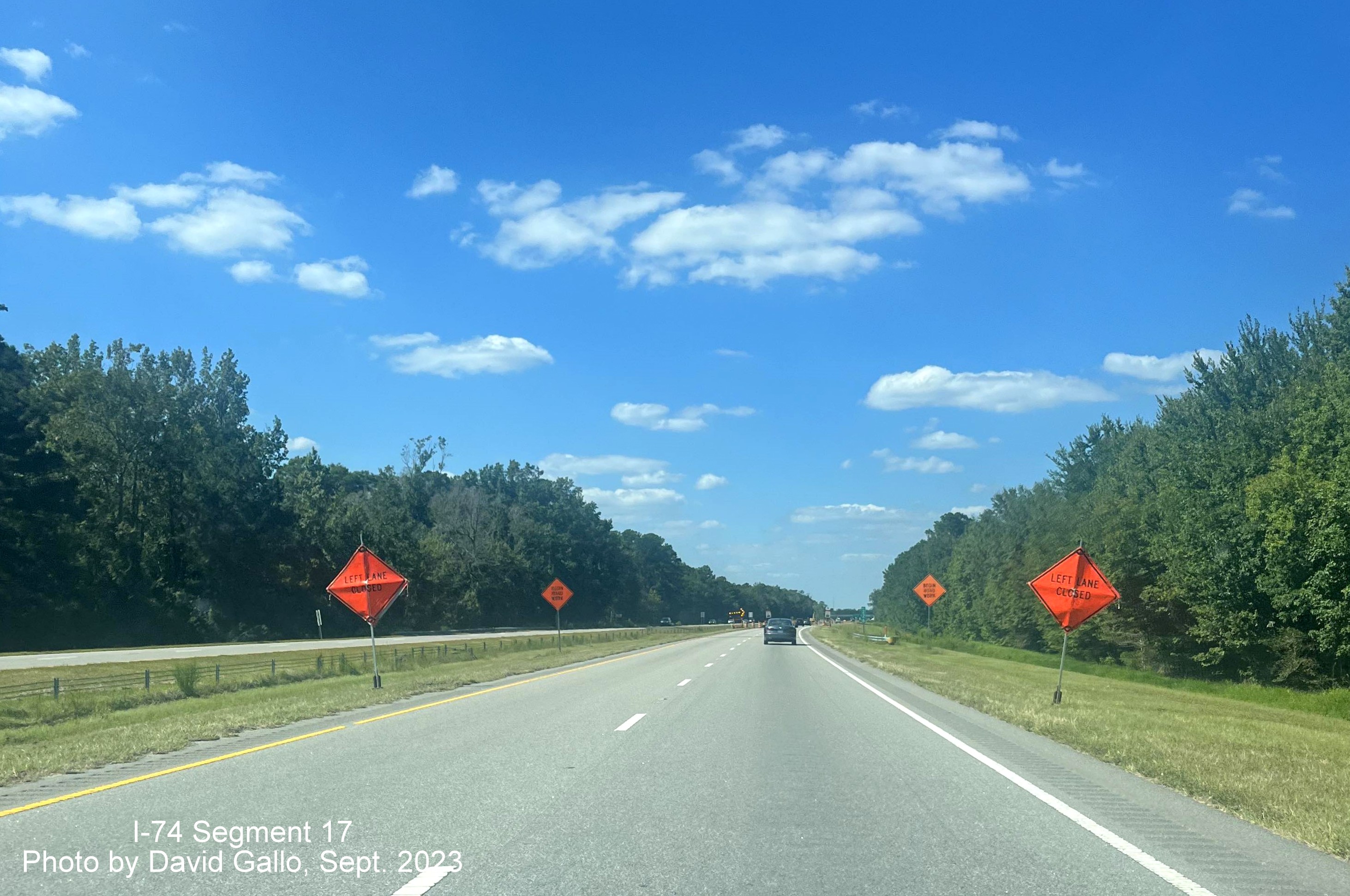 Image approaching lane closure ahead of opened Boardman exit on US 74/NC 130 (Future I-74) West, 
       David Gallo, September 2023