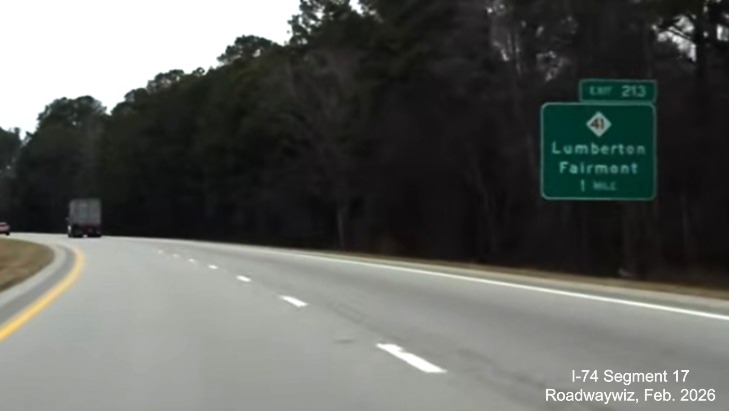 Image approaching NC 41 exit on US 74 (Future I-74) West in 
	  Robeson County, showing lack of road construction, Google Maps Street View, February 2026