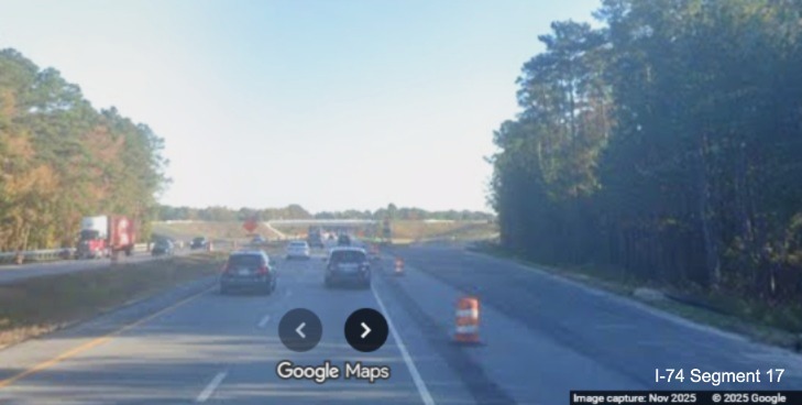 Image approaching future NC 130 interchange on US 74 (Future I-74) East in 
	  Robeson County, Google Maps Street View, November 2025