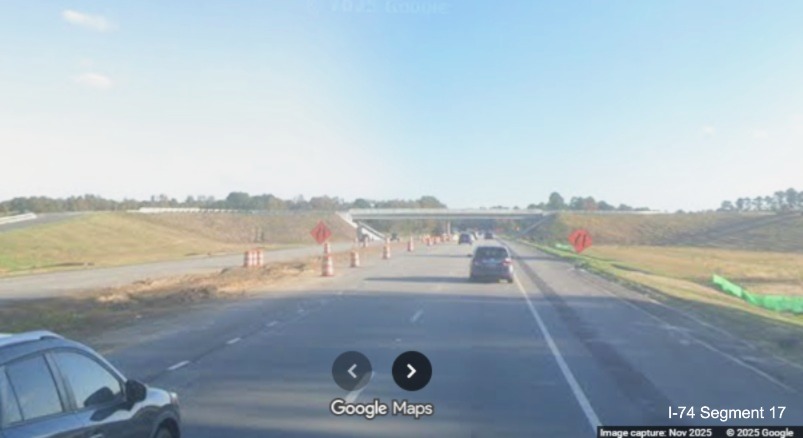 Image approaching future NC 130 interchange bridge on US 74 (Future I-74) East in 
	  Robeson County, Google Maps Street View, November 2025