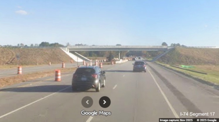Image approaching future NC 130 interchange bridge on US 74 (Future I-74) East in 
	  Robeson County, Google Maps Street View, November 2025