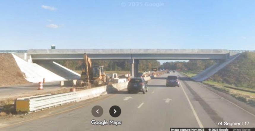 Image at the construction on US 74 (Future I-74) East after the future NC 71/130 
	  bridge in Robeson County, Google Maps Street View, November 2025