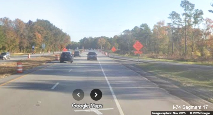 Image approaching future off-ramp from NC 71/130 interchange on US 74 (Future 
	  I-74) East in Robeson County, Google Maps Street View, November 2025