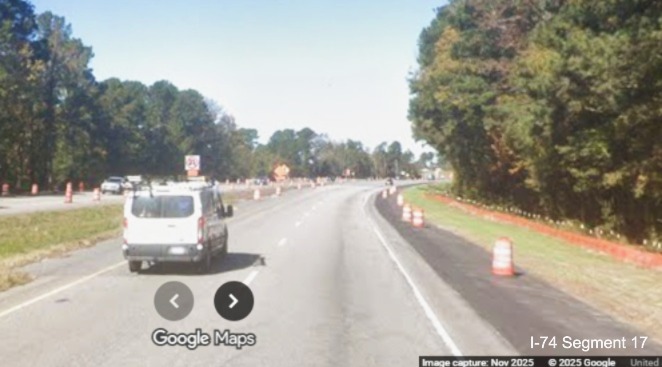 Image of shoulder widening along US 74 West approaching the from NC 130 West 
	  intersection on Future I-74 West in Robeson County, Google Maps Street View, November 2025