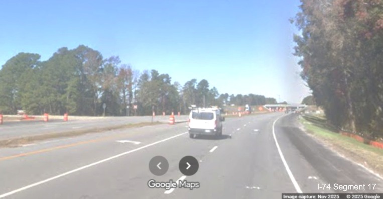 Image of US 74 West at current NC 130 West intersection still open to traffic 
	  on (Future I-74) East in Robeson County, Google Maps Street View, November 2025