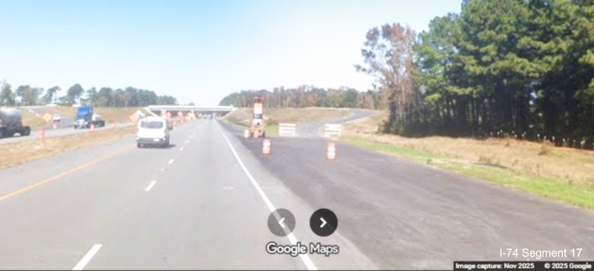 Image of start of future off-ramp to NC 71/130 West from US 74 
	  (Future I-74) West in Robeson County, Google Maps Street View, November 2025
