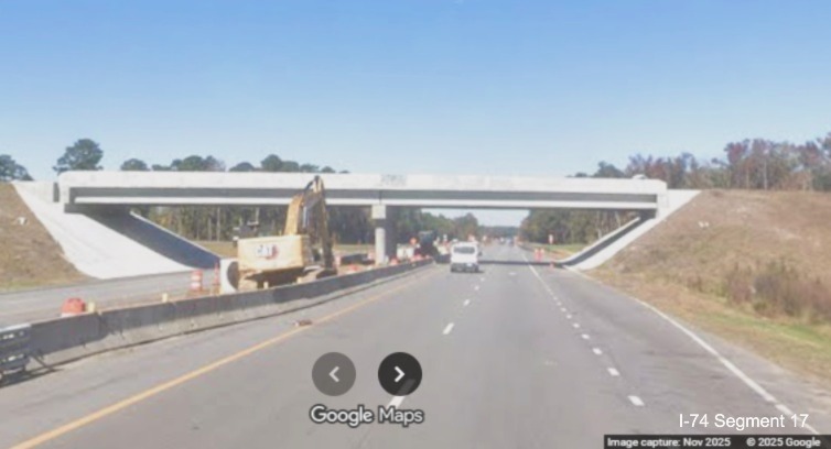 Image of future NC 71/130 West interchange bridge from US 74 
	  (Future I-74) West in Robeson County, Google Maps Street View, November 2025