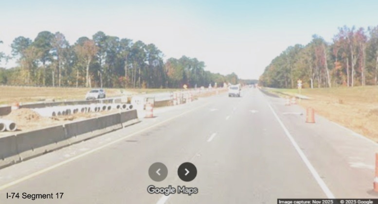 Image of median construction after future NC 71/130 West interchange bridge on
	  US 74 (Future I-74) West in Robeson County, Google Maps Street View, November 2025