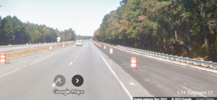 Image of paved future on-ramp from NC 71/130 West to US 74 
	  (Future I-74) West in Robeson County, Google Maps Street View, November 2025