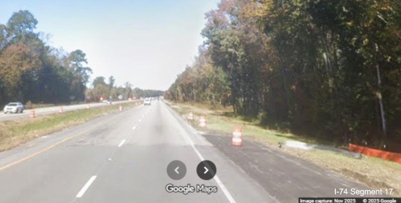 Image of end of wide shoulders at end of work zone for NC 71/130 West exit on
	  US 74 (Future I-74) West in Robeson County, Google Maps Street View, November 2025
