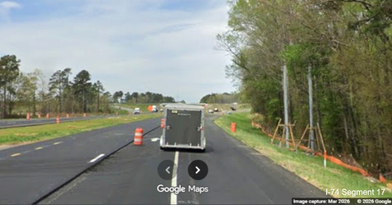 Image of supports for future NC 130/NC 72 exit sign on US 74 (Future I-74) West
in Robeson County, Google Maps Street View, March 2026