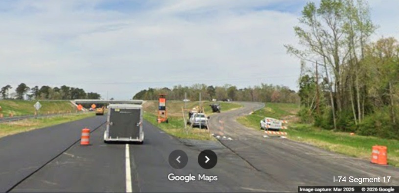 Image of supports for future NC 130/NC 72 exit gore sign on US 74 (Future I-74)
West in Robeson County, Google Maps Street View, March 2026