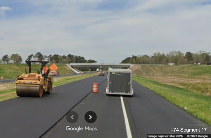 Image of final paving of left lane approaching the future NC 130/NC 72 exit
bridge on US 74 (Future I-74) West in Robeson County, Google Maps Street View, March 2026