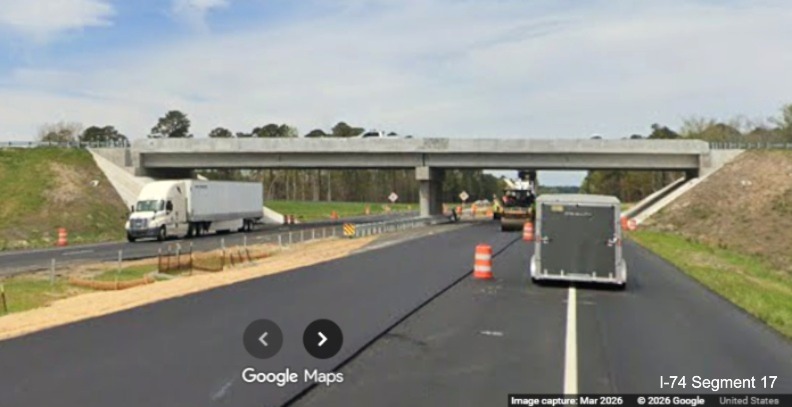 Image of final paving of left lane at the future NC 130/NC 72 exit
bridge on US 74 (Future I-74) West in Robeson County, Google Maps Street View, March 2026