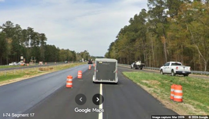 Image of left lane paving work continuing approaching the future NC 130/NC 72
exit off-ramp on US 74 (Future I-74) West in Robeson County, Google Maps Street View, March 2026