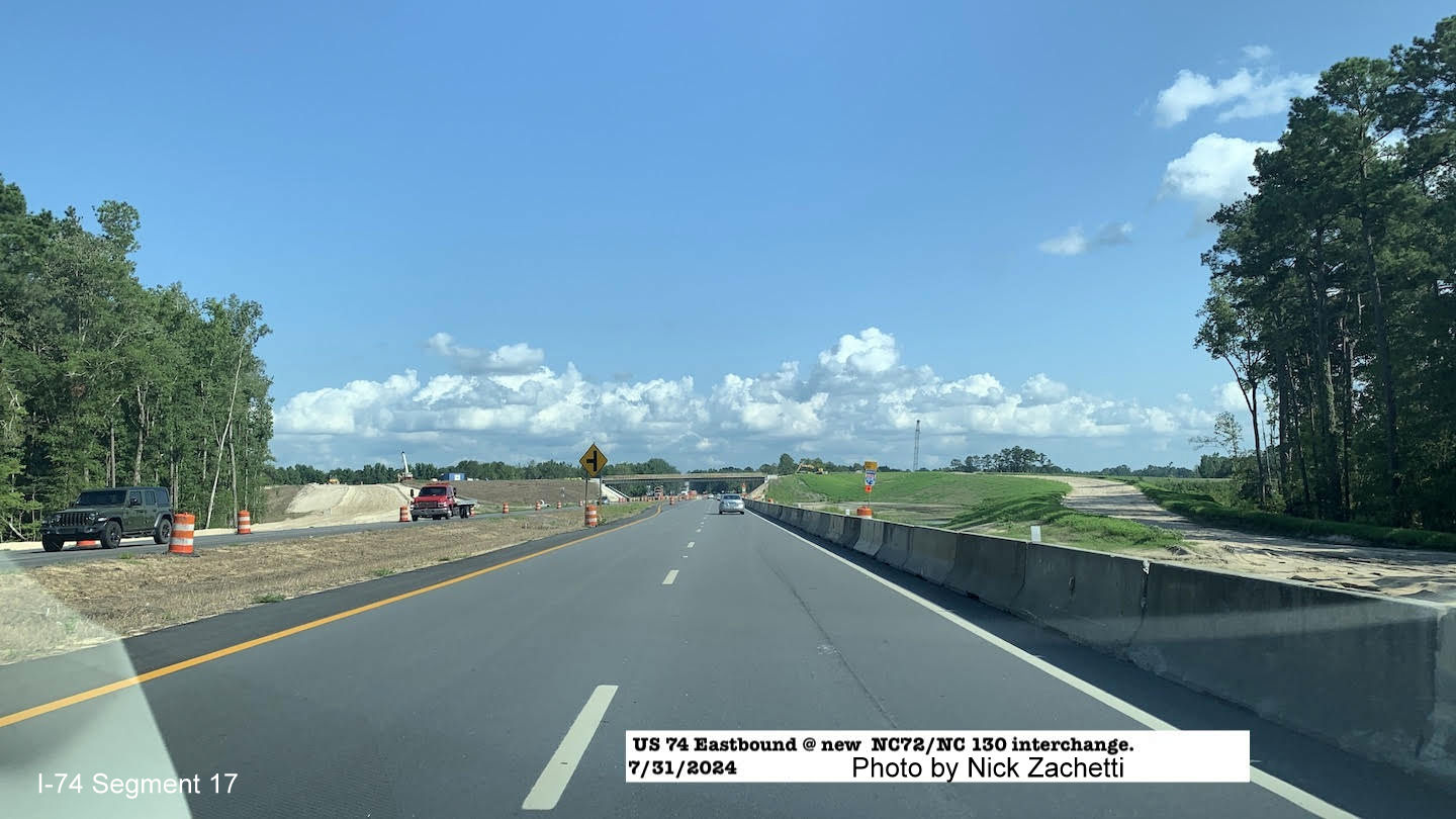 Image of new ramps being constructed for future NC 72/NC 130 interchange on US 74 (Future I-74) 
       East in Robeson County, Nick Zachetti, July 2024