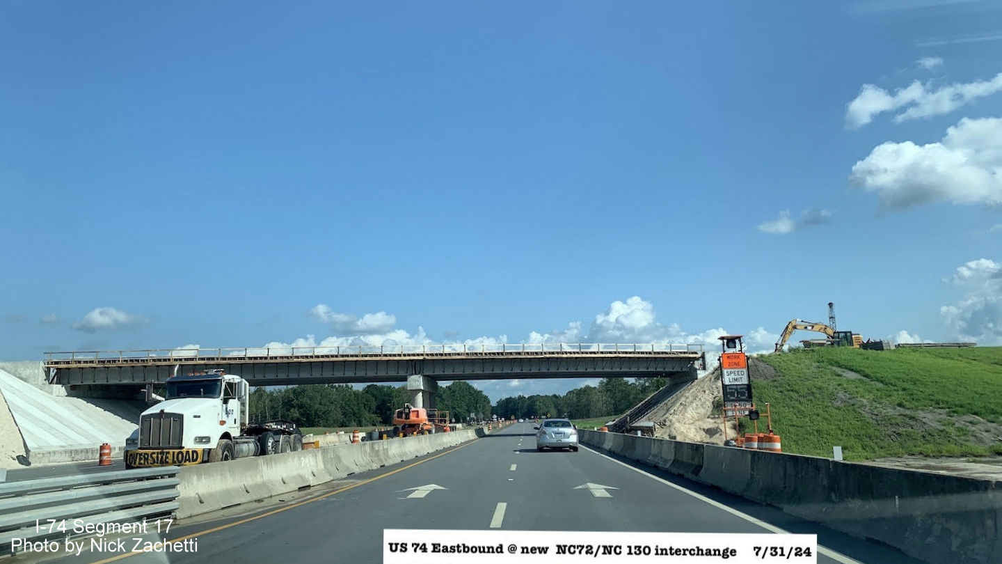 Image of new bridge being constructed for future NC 72/NC 130 interchange on US 74 (Future I-74) 
       East in Robeson County, Nick Zachetti, July 2024