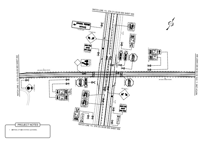 Image of sign plan for Creek Road intersection replacement project (TIP No.
I-6011A) along US 74 in Robeson County, NCDOT, July 2026