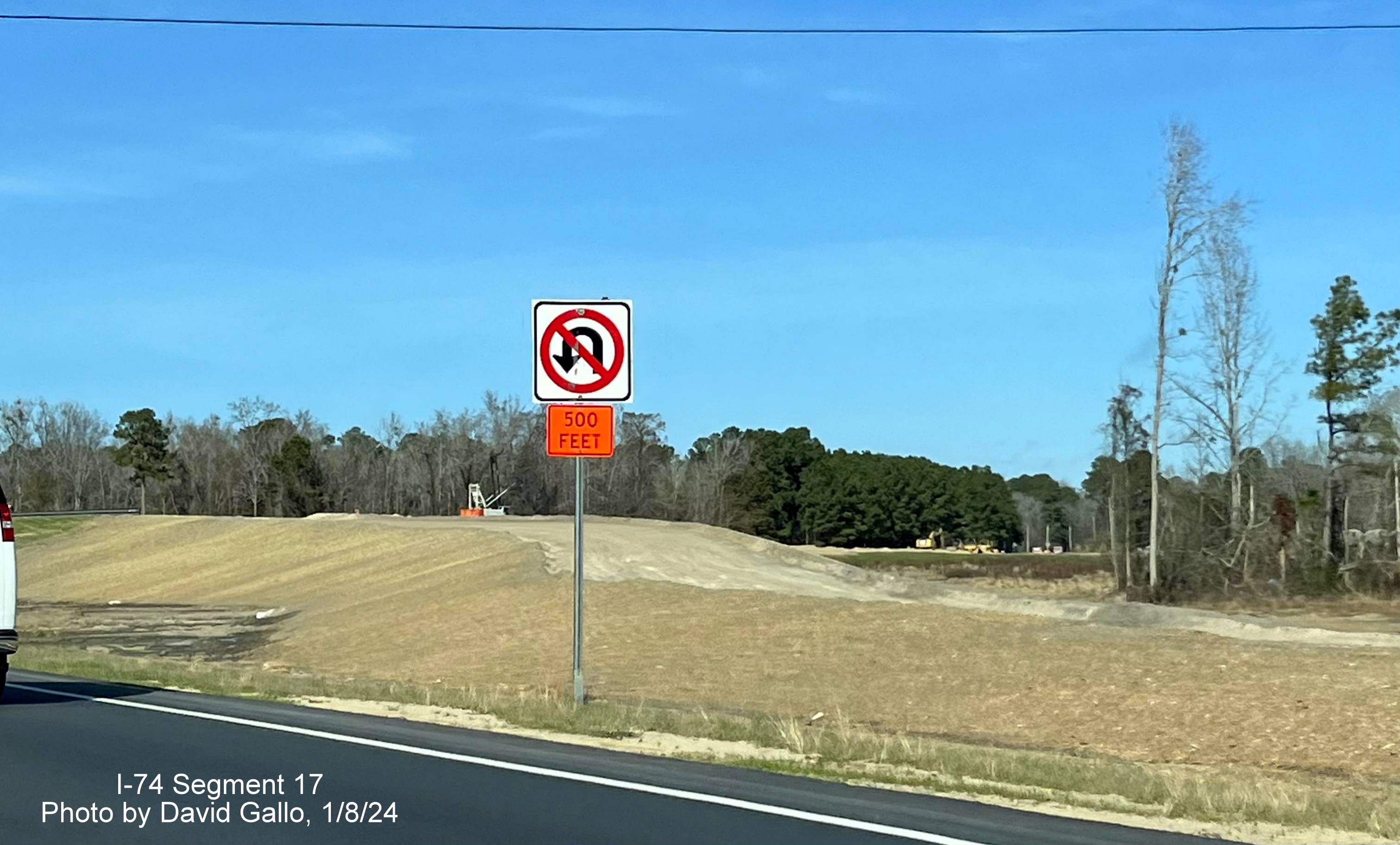 Image of NC 130/NC 72 construction from US 74 (Future I-74) West in Robeson County, by David Gallo, 
       January 2024