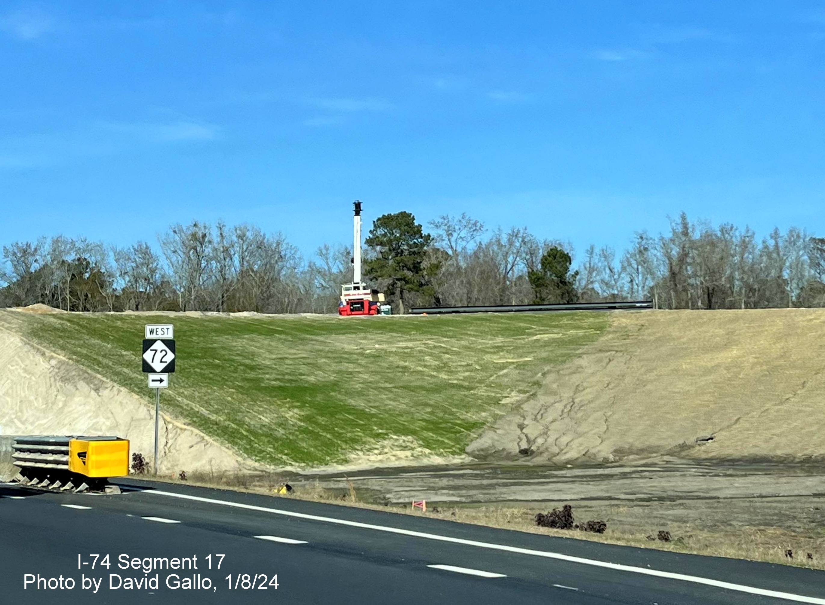 Image of construction at current NC 72 West intersection from US 74 (Future I-74) West in Robeson County, by David Gallo, 
       January 2024