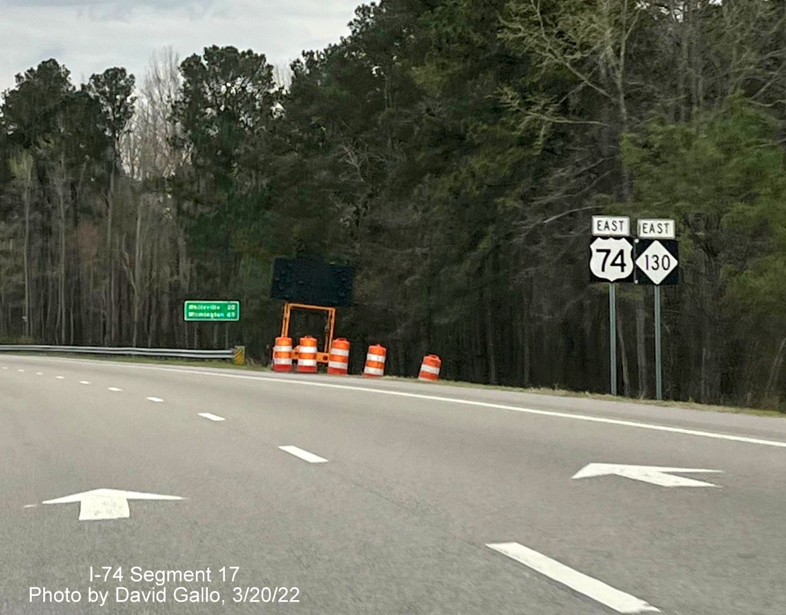 Image approaching Old Boardman Road interchange construction site on US 74 (Future I-74) East in
        Robeson County, by David Gallo, March 2022