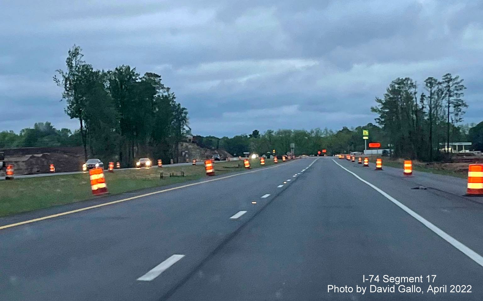Image of approaching Boardman interchange construction area on US 74 (Future I-74) West, by David 
        Gallo, April 2022