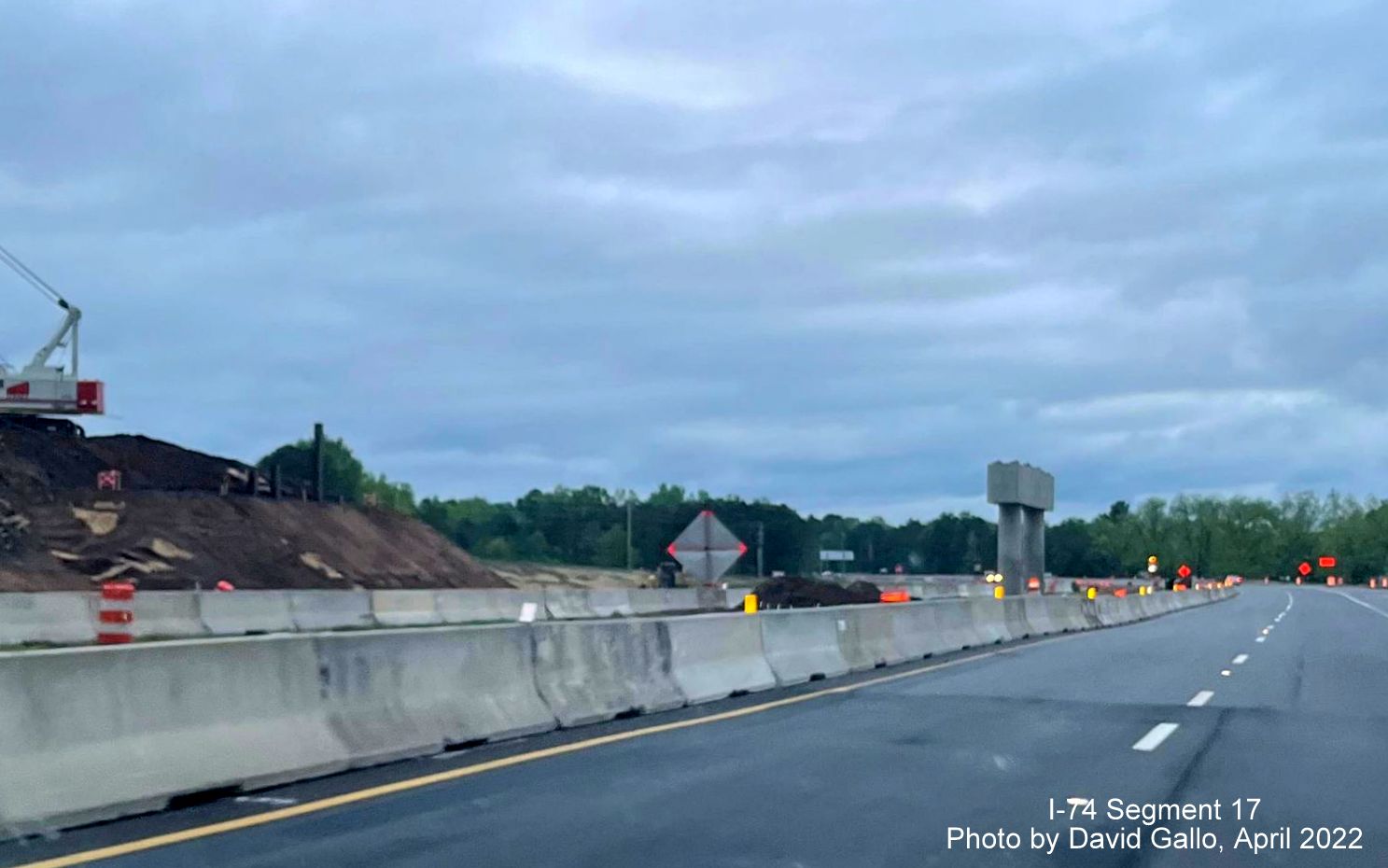 Image of approaching Boardman interchange construction area on US 74 (Future I-74) West, by David 
        Gallo, April 2022