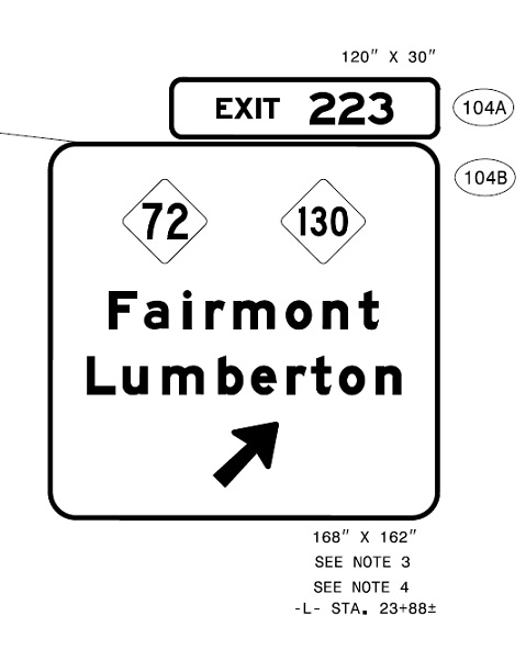 NCDOT sign plan image for future NC 72/NC 130 exit sign on US 74 in Robeson County, 
                                                   released in January 2023