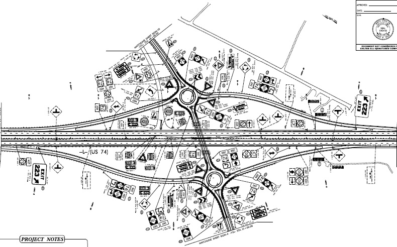 NCDOT plan image of signage for future NC 72/NC 130 West interchange with US 74 
        (Future I-74) in Robeson County, published January 2023